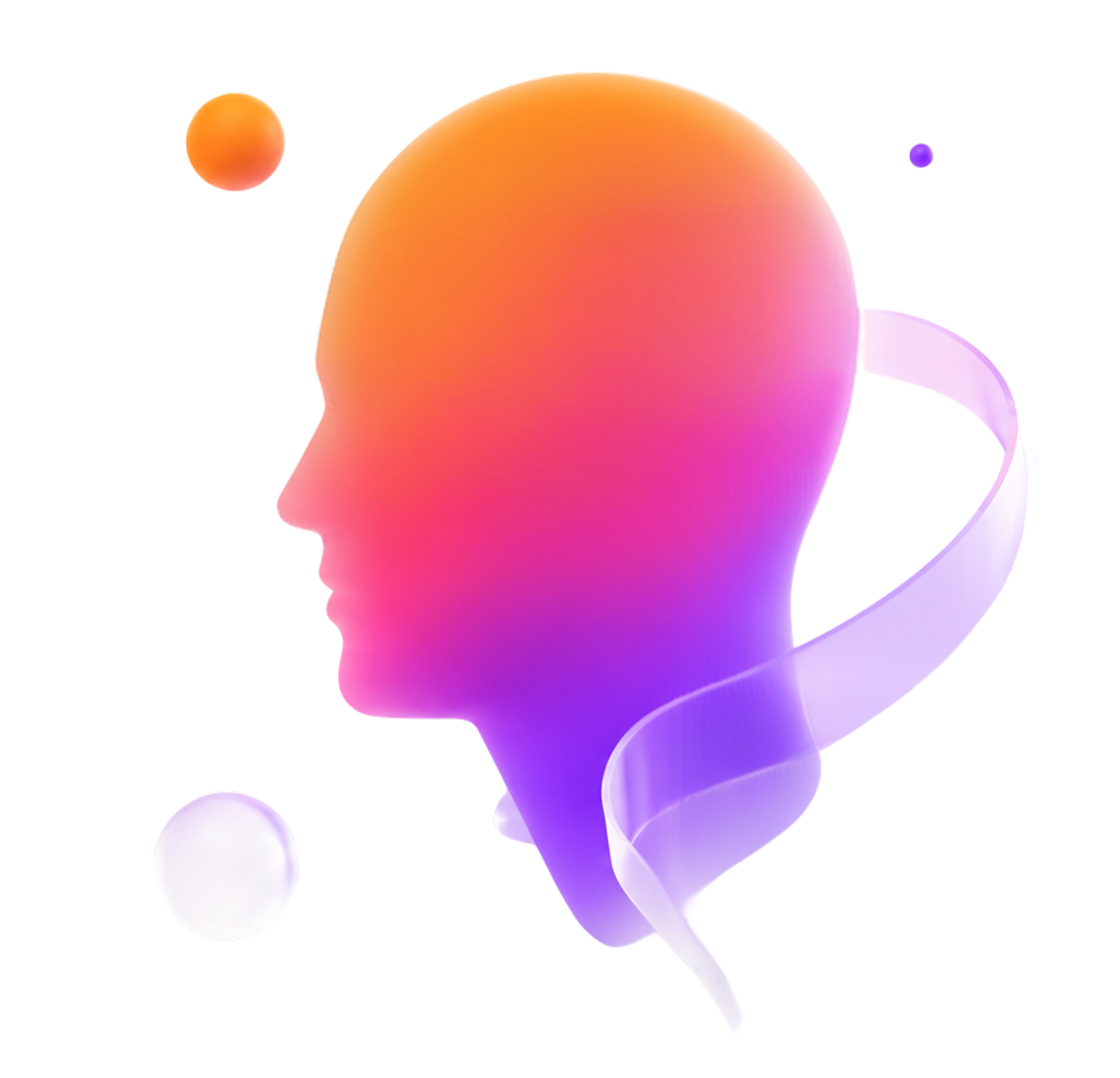Gradient human profile with floating spheres and glass ribbon